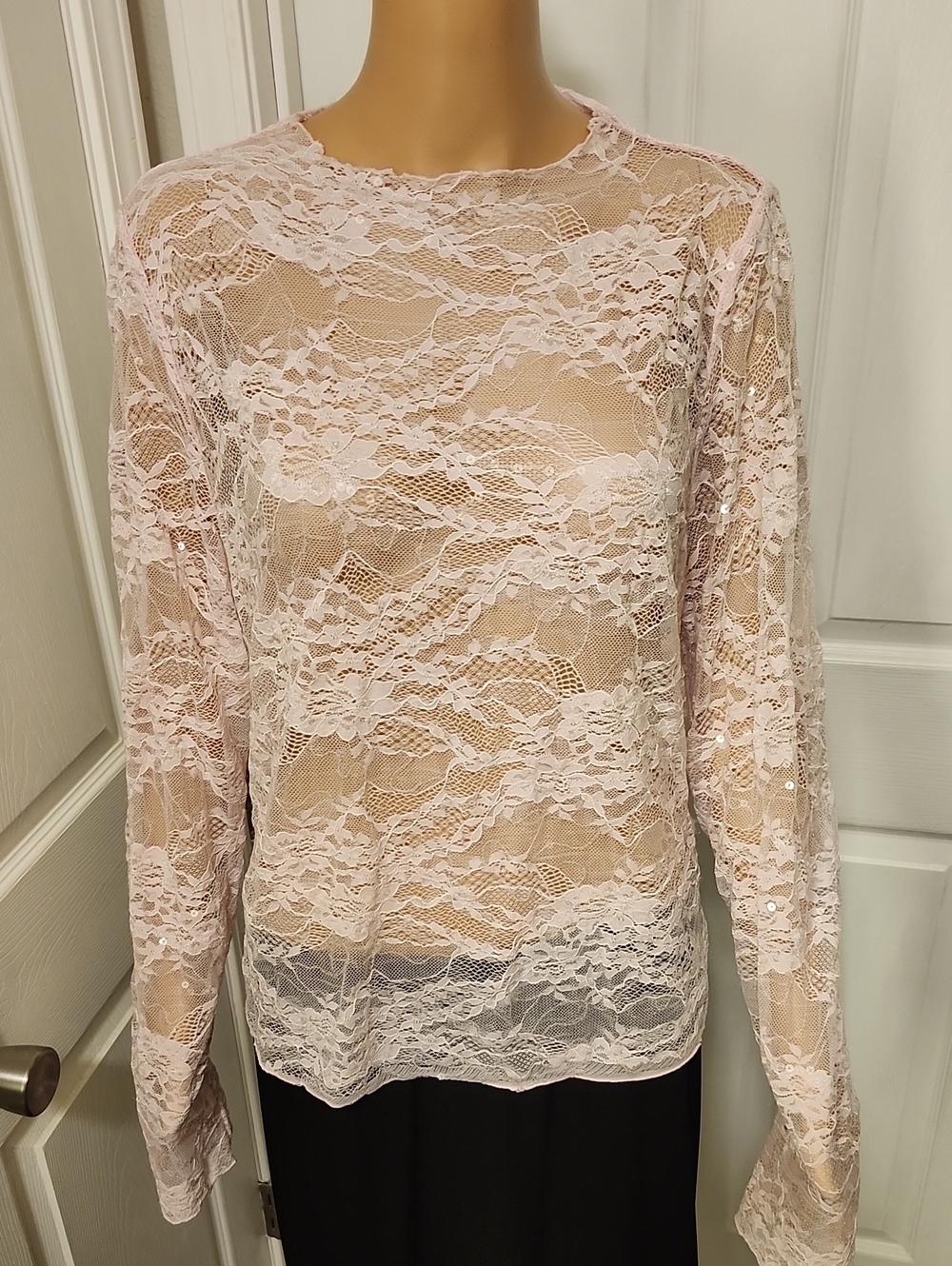 wild fable Light Pink Lace Long-Sleeve See-through Sequin Top